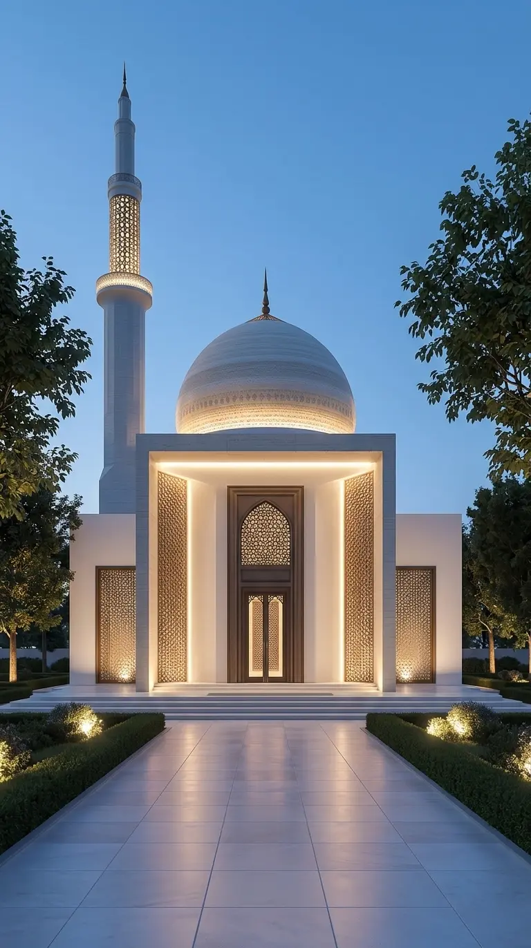 A modern masjid at dusk in the warm light of Maghrib